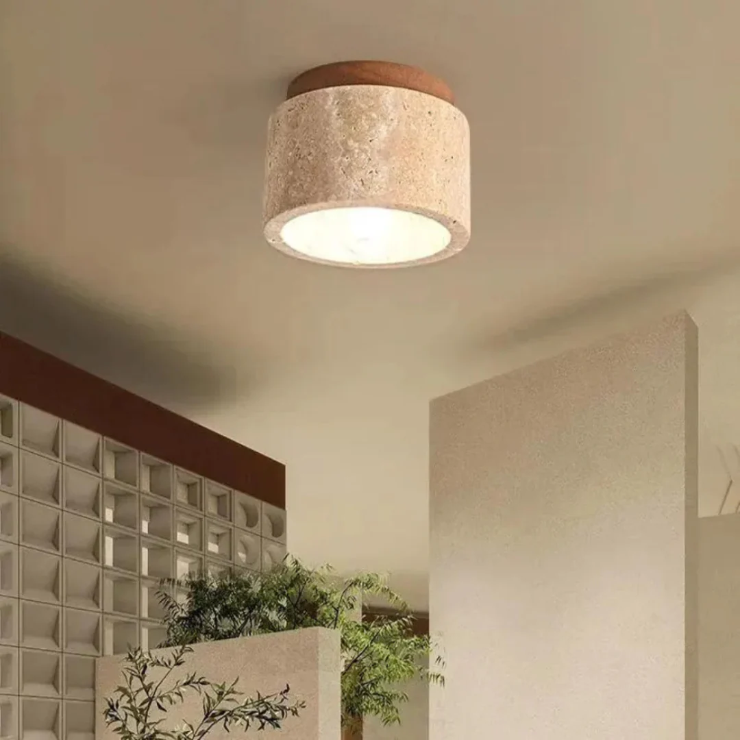 Radia - Cilindervormige Travertin Plafondlamp met Houten Accent - Image 4